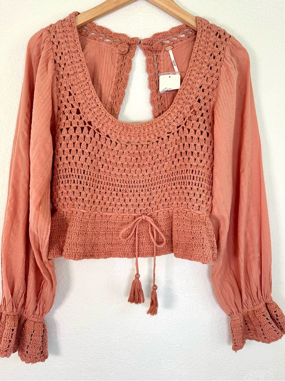 Free People NWT Crochet Open Back Peasant Boho Top Terracotta Small Cotton